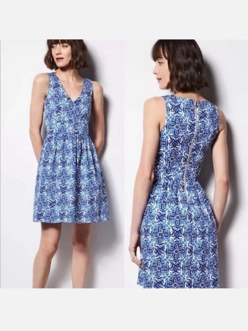 NWT Milly for Design Nation Blue White Tile Print Fit And Flare Dress 10